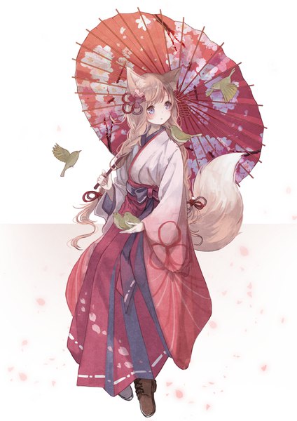 Anime picture 850x1203 with original oro ponzu single long hair tall image blush fringe blue eyes simple background brown hair white background holding animal ears looking away full body tail braid (braids) long sleeves traditional clothes japanese clothes