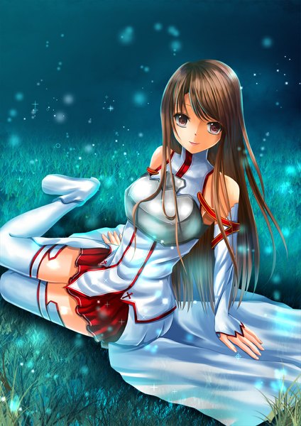 Anime picture 778x1100 with sword art online a-1 pictures yuuki asuna toshi (1-147) single long hair tall image looking at viewer brown hair bare shoulders brown eyes girl thighhighs detached sleeves white thighhighs armor cloak