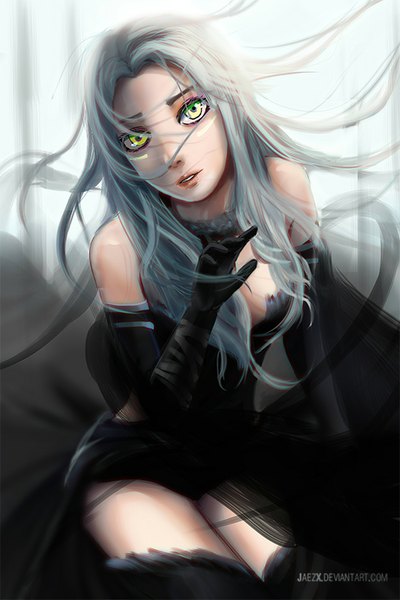 Anime picture 550x825 with jaezx single long hair tall image light erotic sitting bare shoulders yellow eyes white hair facial mark girl dress gloves black gloves elbow gloves black dress