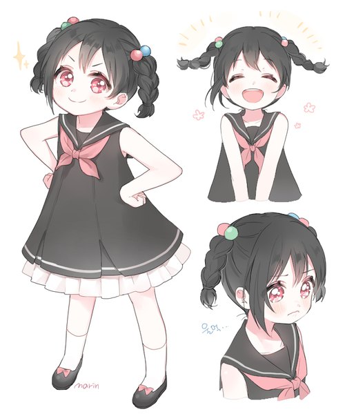 Anime picture 700x840 with love live! school idol project sunrise (studio) love live! yazawa nico marin (myuy 3) tall image fringe short hair open mouth black hair simple background smile red eyes white background bare shoulders signed braid (braids) eyes closed :d sparkle