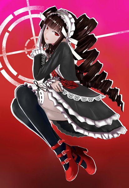 Anime picture 800x1162 with dangan ronpa celestia ludenberg single long hair tall image black hair simple background red eyes full body drill hair red background goth-loli girl thighhighs dress black thighhighs headdress