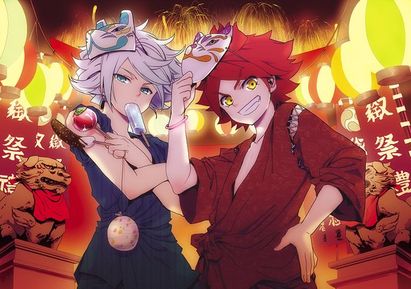 Anime picture 1400x989 with inazuma eleven nagumo haruya suzuno fuusuke blue eyes smile yellow eyes white hair red hair multiple boys grin eating mask on head festival boy food sweets 2 boys mask ice cream statue