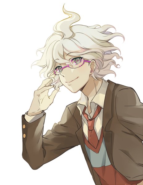 Anime picture 850x1100 with dangan ronpa super dangan ronpa 2 komaeda nagito ekita xuan single tall image looking at viewer fringe short hair simple background smile hair between eyes white background upper body white hair grey eyes messy hair adjusting glasses bespectacled boy