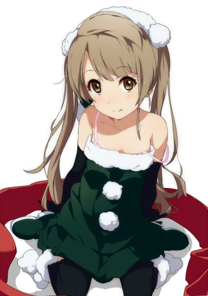 Anime picture 915x1300 with love live! school idol project sunrise (studio) love live! minami kotori ogipote single long hair tall image looking at viewer simple background smile brown hair white background sitting twintails bare shoulders brown eyes arm support wariza christmas