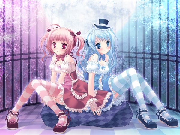 Anime picture 1600x1200 with takano yuki (allegro mistic) long hair highres blue eyes red eyes sitting twintails blue hair pink hair wallpaper zettai ryouiki checkered thighhighs ribbon (ribbons) hair ribbon hat garter straps