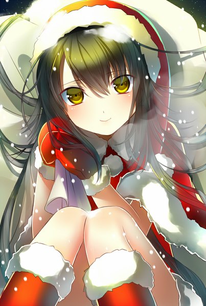 Anime picture 700x1041 with yosuga ioru single long hair tall image looking at viewer blush black hair smile sitting snowing christmas winter exhalation girl cape cap mittens