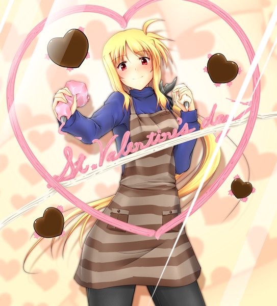 Anime picture 1091x1204 with mahou shoujo lyrical nanoha mahou shoujo lyrical nanoha strikers fate testarossa moonlight (base) single long hair tall image blush blonde hair smile red eyes ahoge valentine girl food heart sweets apron chocolate cream