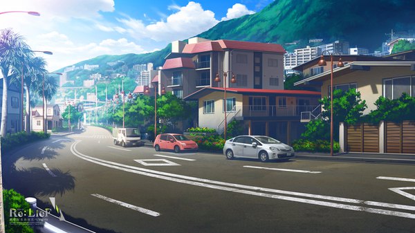 Anime picture 1280x720 with re:lief ebisutaro wide image sky cloud (clouds) outdoors sunlight inscription copyright name mountain no people plant (plants) tree (trees) building (buildings) ground vehicle palm tree car house road lamppost