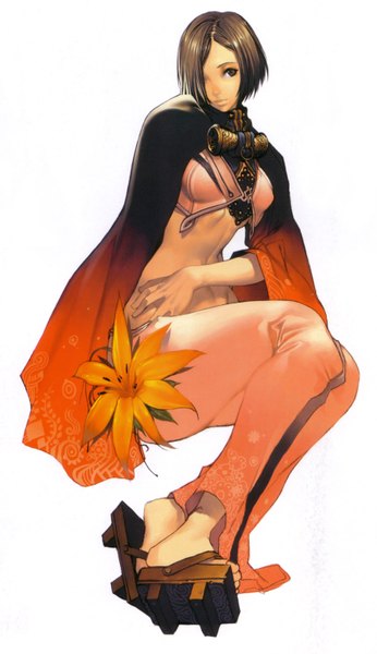 Anime picture 867x1500 with magna carta kim hyung tae single tall image fringe short hair simple background brown hair white background sitting brown eyes hair over one eye bare belly girl flower (flowers) cloak lily (flower)