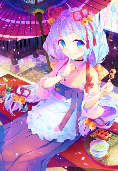 Anime picture 1723x2497 with original dennryuurai single long hair tall image blush highres blue eyes sitting blue hair finger to mouth girl dress ribbon (ribbons) hair ribbon food sweets umbrella bell jingle bell