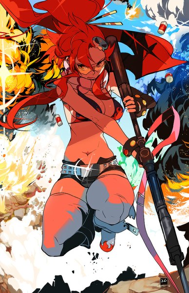 Anime picture 660x1020 with tengen toppa gurren lagann gainax yoko littner john crayton single long hair tall image looking at viewer red eyes sky cloud (clouds) ponytail red hair jumping cropped girl hair ornament weapon shorts hairclip