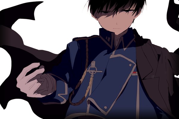 Anime picture 1400x932 with fullmetal alchemist studio bones roy mustang hiiragi fuyuki single looking at viewer fringe short hair black hair simple background hair between eyes white background upper body shadow military boy gloves uniform white gloves cloak