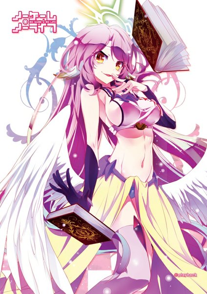 Anime picture 620x877 with no game no life madhouse jibril (no game no life) playback (artist) single tall image looking at viewer breasts open mouth light erotic smile large breasts signed purple hair very long hair bare belly orange eyes copyright name finger to mouth white wings