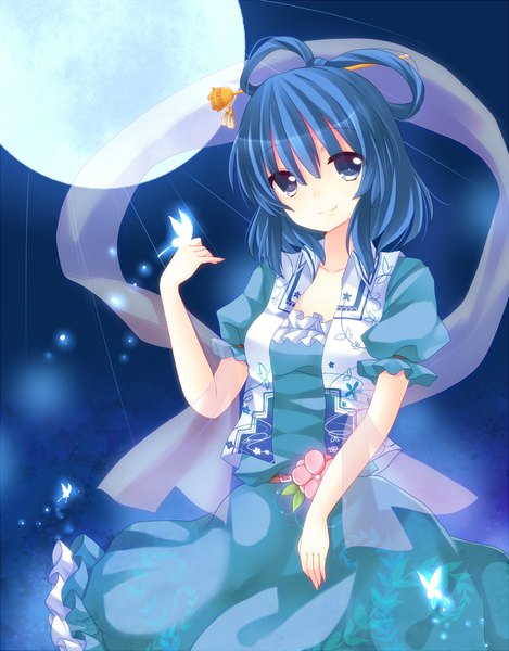 Anime picture 1200x1533 with touhou kaku seiga ikeda hazuki single tall image short hair blue eyes smile blue hair girl hair ornament insect butterfly moon hairpin (hairpins)