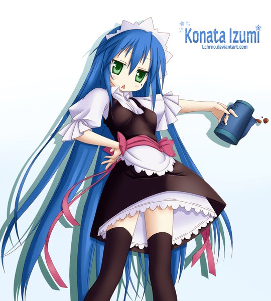 Anime picture 1800x2000 with lucky star kyoto animation izumi konata lchrno single tall image looking at viewer blush highres simple background green eyes blue hair very long hair mole maid mole under eye girl thighhighs uniform black thighhighs