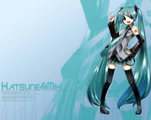 Anime picture 1280x1024 with vocaloid hatsune miku kei (keigarou) single looking at viewer fringe open mouth hair between eyes standing twintails full body very long hair :d pleated skirt arm up aqua eyes aqua hair tattoo character names hand on hip