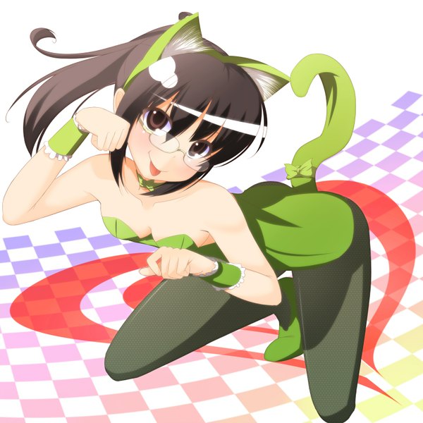 Anime picture 1500x1500 with boku wa tomodachi ga sukunai shiguma rika single long hair light erotic black hair brown eyes animal ears ponytail cat ears cat tail :p girl glasses