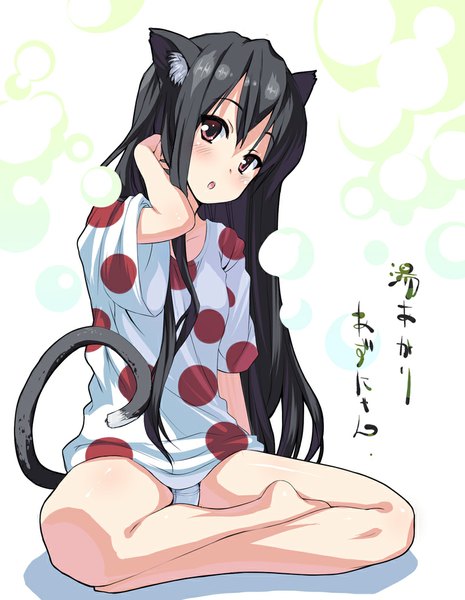 Anime picture 800x1032 with k-on! kyoto animation nakano azusa senji (tegone spike) single long hair tall image looking at viewer blush open mouth light erotic black hair sitting brown eyes animal ears bent knee (knees) tail animal tail barefoot cat ears