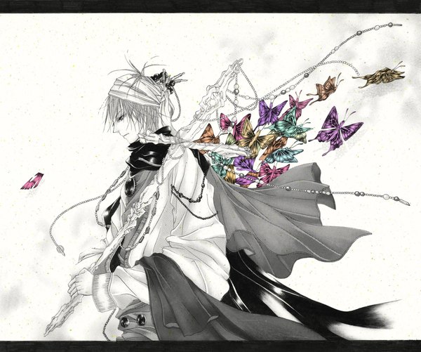 Anime picture 2388x1995 with original yukikoo single highres white background boy sword insect butterfly jewelry locket