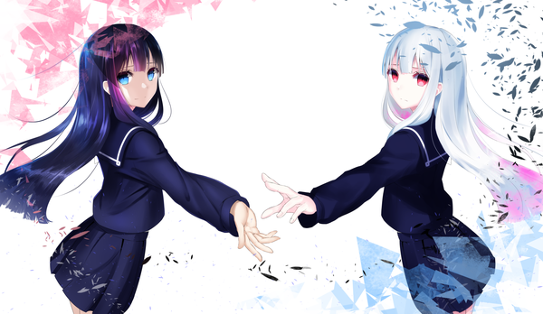 Anime picture 5690x3306 with original celeryma long hair looking at viewer fringe highres blue eyes simple background smile red eyes wide image multiple girls blue hair absurdres silver hair blunt bangs pleated skirt looking back gradient background outstretched hand