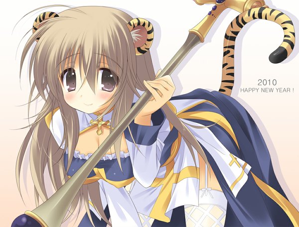 Anime picture 1000x761 with ragnarok online archbishop (ragnarok online) emily (pure dream) single long hair looking at viewer blush breasts large breasts purple eyes animal ears animal tail grey hair girl thighhighs white thighhighs staff