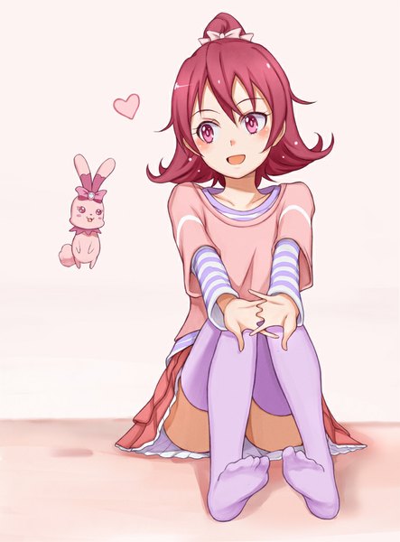 Anime picture 700x947 with precure dokidoki! precure toei animation aida mana sharuru (dokidoki! precure) purea single tall image blush short hair open mouth simple background sitting looking away pink hair :d pink eyes pink background girl thighhighs