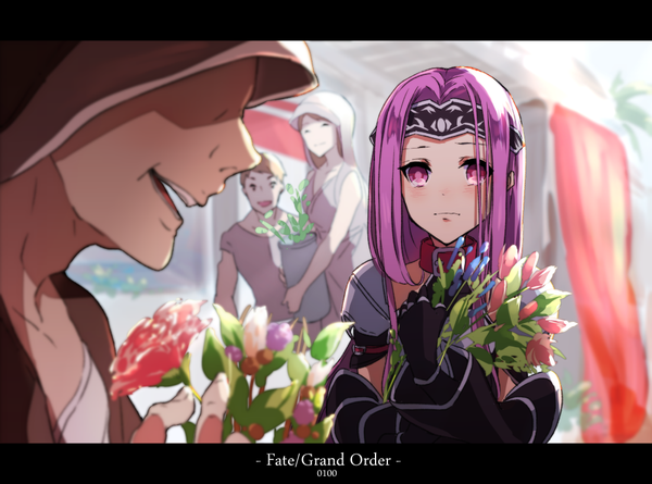 Anime picture 1000x743 with fate (series) fate/stay night rider medusa (lancer) (fate) zeromomo looking at viewer purple eyes multiple girls purple hair multiple boys depth of field copyright name letterboxed shaded face girl boy gloves flower (flowers) 2 girls black gloves
