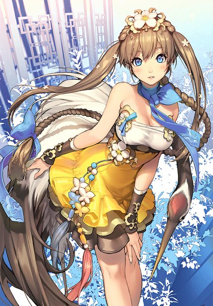 Anime picture 558x800 with million arthur (series) kaku-san-sei million arthur original square enix chunhyang kkuem long hair tall image looking at viewer blush fringe breasts blue eyes brown hair large breasts standing twintails bare shoulders cleavage braid (braids)
