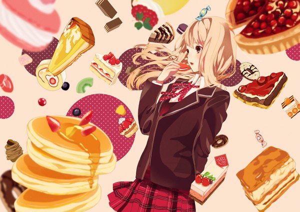 Anime picture 1605x1135 with original suono single long hair fringe open mouth blonde hair standing brown eyes looking away pleated skirt plaid skirt girl skirt uniform ribbon (ribbons) school uniform food sweets berry (berries)