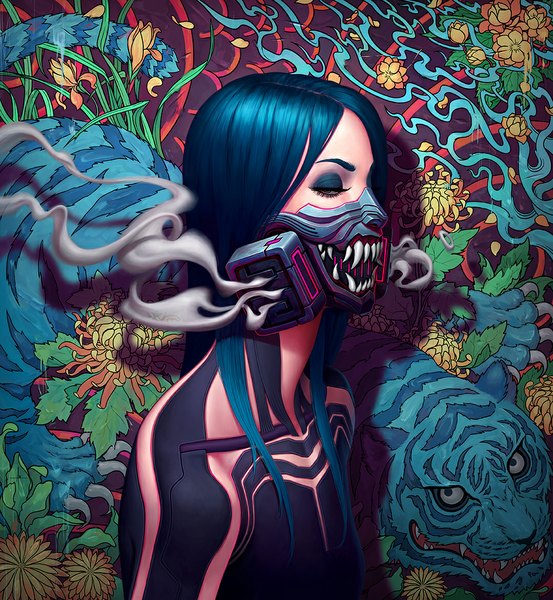 Anime picture 1080x1170 with original adriandadich long hair tall image looking at viewer open mouth brown eyes blue hair teeth fang (fangs) floral print close-up smoke eyeshadow girl flower (flowers) plant (plants) animal grass mask