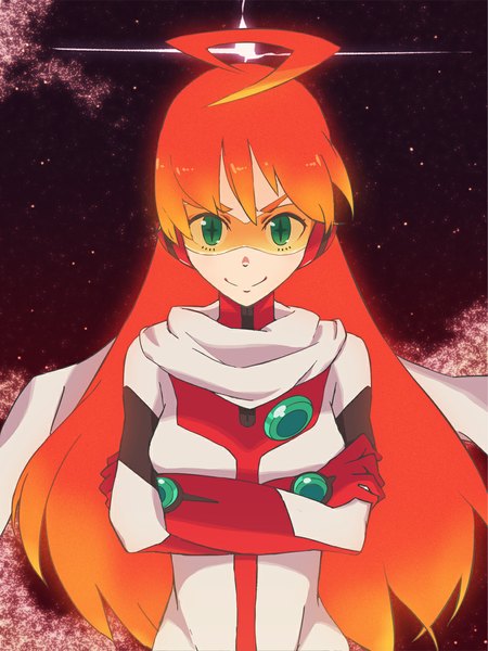 Anime picture 895x1192 with top wo nerae 2! diebuster gainax nono (top wo nerae 2!) ina (artist) single long hair tall image looking at viewer smile green eyes ahoge red hair crossed arms + + girl scarf goggles