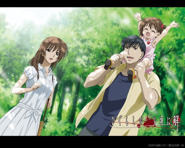Anime picture 1280x1024 with higurashi no naku koro ni studio deen akasaka mamoru sakai kyuuta black hair brown hair family girl boy tree (trees) forest child (children)