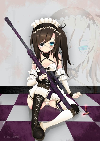 Anime picture 1000x1414 with original ootsuki momiji tall image short hair blue eyes light erotic black hair pantyshot facial mark pantyshot sitting lacing zoom layer girl thighhighs dress weapon detached sleeves white thighhighs boots headdress