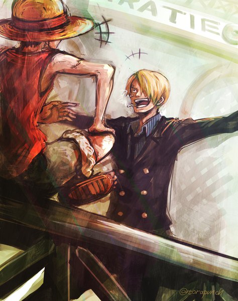 Anime picture 1620x2048 with one piece toei animation monkey d. luffy sanji torapunch tall image fringe short hair open mouth black hair blonde hair smile standing sitting holding signed from behind hair over one eye multiple boys teeth