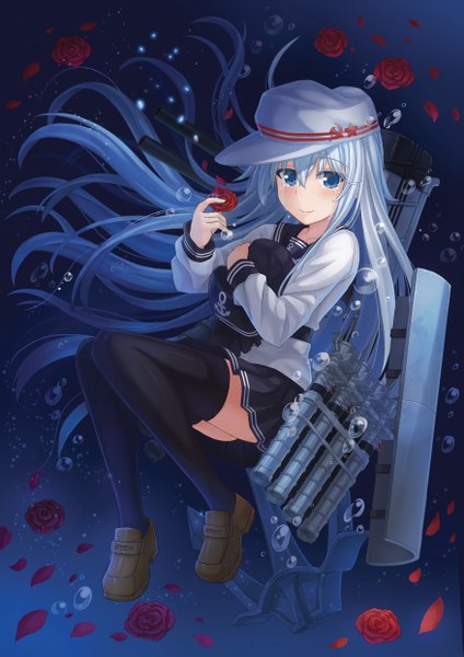 Anime picture 877x1242 with kantai collection hibiki destroyer verniy destroyer npcpepper single long hair tall image looking at viewer blush fringe blue eyes simple background smile blue hair pleated skirt dark background blue background hammer and sickle girl thighhighs