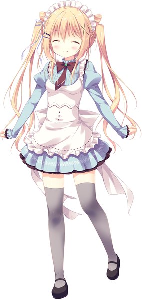 Anime picture 1332x2809 with sugatem! -sugarfull tempering- chocolat neige shiratama (shiratamaco) single long hair tall image blush blonde hair simple background white background twintails full body eyes closed official art maid zettai ryouiki ^ ^ :q girl uniform