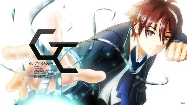 Anime picture 1920x1080 with guilty crown production i.g ouma shu exiled (artist) single highres short hair simple background smile brown hair wide image white background brown eyes inscription boy necktie suit fist