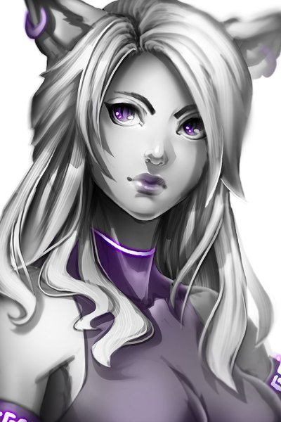 Anime picture 864x1296 with pechan (artist) single long hair tall image looking at viewer simple background white background purple eyes animal ears lips grey hair monochrome girl