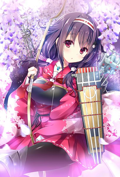 Anime picture 544x800 with kantai collection taigei light aircraft carrier ryuuhou seaplane tender kino (kino konomi) single long hair tall image blush fringe breasts red eyes large breasts twintails holding purple hair bent knee (knees) parted lips girl gloves flower (flowers)