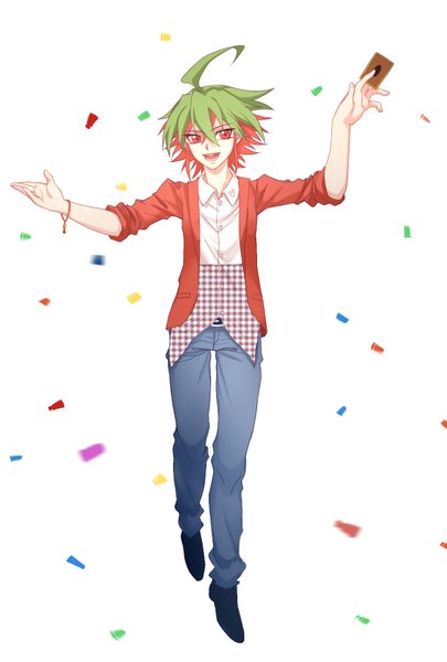 Anime picture 1181x1748 with yu-gi-oh! sakaki yuya qing heshang single tall image short hair open mouth simple background hair between eyes red eyes white background looking away full body ahoge red hair multicolored hair green hair two-tone hair spread arms colored inner hair