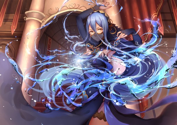 Anime picture 3507x2480 with fire emblem fire emblem fates azura (fire emblem) cr single long hair looking at viewer fringe highres hair between eyes standing yellow eyes blue hair absurdres indoors armpit (armpits) magic girl dress gloves
