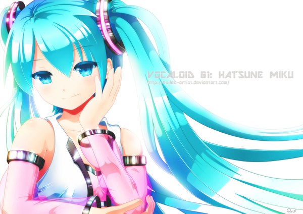 Anime picture 2046x1447 with vocaloid hatsune miku exiled (artist) single long hair highres simple background white background twintails aqua eyes aqua hair girl detached sleeves