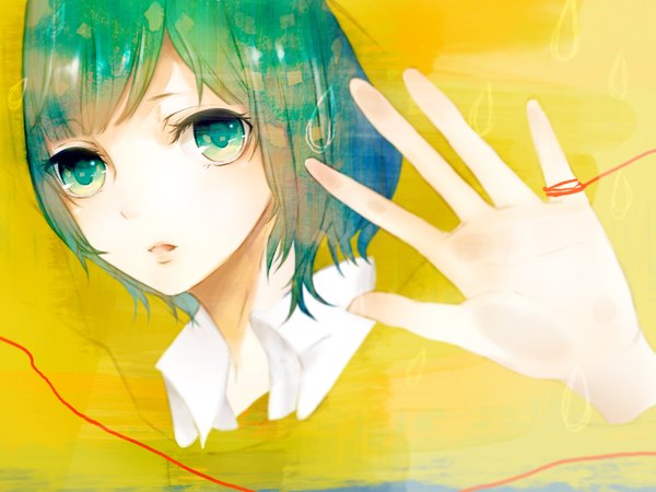 Anime picture 1600x1200 with vocaloid gumi penchop looking at viewer short hair green eyes green hair portrait face yellow background girl thread red thread