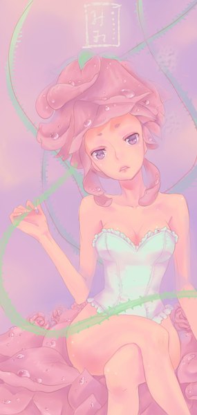 Anime picture 762x1600 with original tagme (artist) single tall image looking at viewer light erotic simple background sitting purple eyes bare shoulders pink hair pink eyes wet sleeveless crossed legs purple background girl flower (flowers) rose (roses) corset