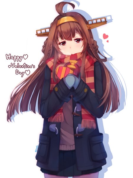 Anime picture 800x1066 with kantai collection kongou battleship mhong single long hair tall image looking at viewer red eyes brown hair white background ahoge valentine girl skirt hair ornament jacket scarf striped scarf