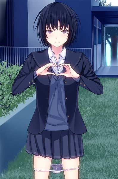 Anime picture 700x1060 with amagami nanasaki ai 3u single tall image looking at viewer blush fringe short hair light erotic black hair smile standing purple eyes pleated skirt pussy juice heart hands girl skirt uniform
