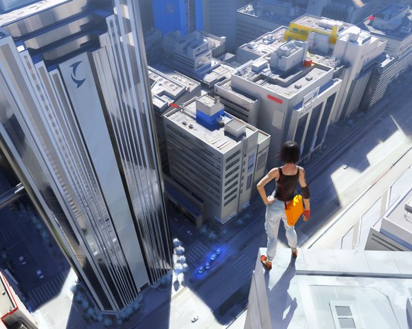 Anime picture 1280x1024 with mirror's edge faith connors short hair black hair from behind realistic official art hand on hip city cityscape girl building (buildings) pants bag ground vehicle car roof