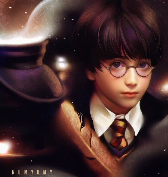 Anime picture 800x840 with harry potter harry potter (character) numyumy single tall image looking at viewer fringe short hair black hair brown eyes signed upper body lips realistic portrait striped boy uniform school uniform glasses