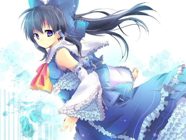 Anime picture 1700x1275 with touhou hakurei reimu enje (pixiv3289887) single long hair blue eyes black hair bare shoulders looking back alternate color girl dress bow ribbon (ribbons) hair bow detached sleeves frills ascot
