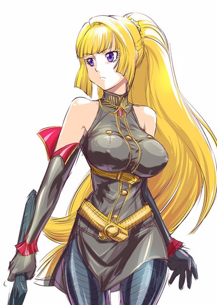 Anime picture 714x1000 with mobile suit gundam valkyria chronicles gundam tekketsu no orphans sunrise (studio) selvaria bles kudelia aina bernstein ueyama michirou single tall image fringe breasts light erotic blonde hair simple background white background purple eyes bare shoulders holding looking away upper body